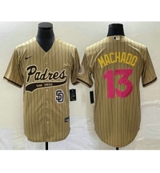 Men's San Diego Padres #13 Manny Machado Tan Pinstripe 2023 City Connect Cool Base Stitched Jersey 1