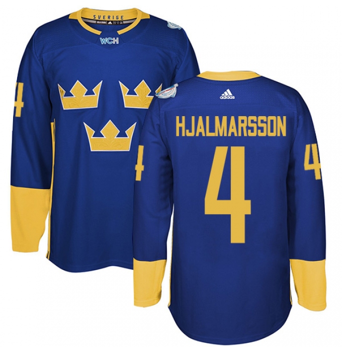 Men's Adidas Team Sweden #4 Niklas Hjalmarsson Authentic Royal Blue Away 2016 World Cup of Hockey Jersey