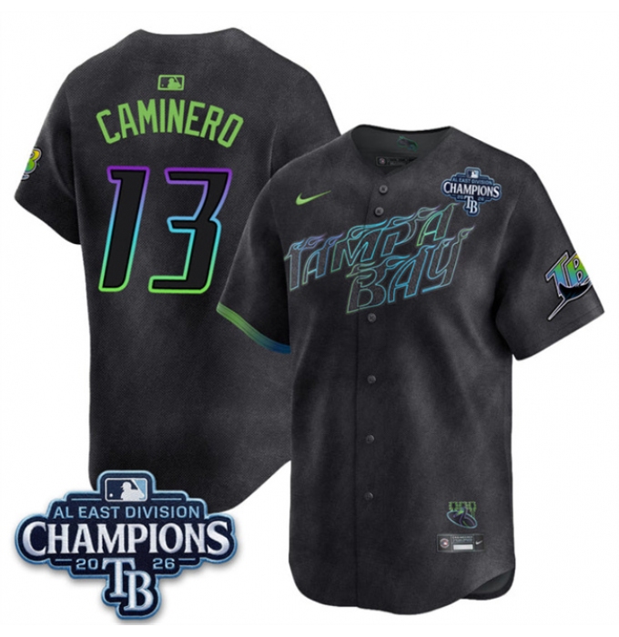 Men's Tampa Bay Rays #13 Junior Caminero Charcoal 2026 AL East Champions City Connect Limited Stitched Baseball Jersey