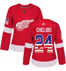 Women's Adidas Detroit Red Wings #24 Chris Chelios Authentic Red USA Flag Fashion NHL Jersey