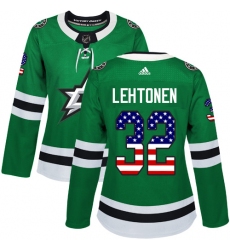 Women's Adidas Dallas Stars #32 Kari Lehtonen Authentic Green USA Flag Fashion NHL Jersey