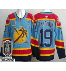 Men's Florida Panthers #19 Matthew Tkachuk Blue 2025 Stanley Cup Champions Authentic Jersey