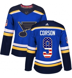 Women's Adidas St. Louis Blues #9 Shayne Corson Authentic Blue USA Flag Fashion NHL Jersey