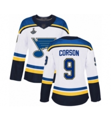 Women's St. Louis Blues #9 Shayne Corson Authentic White Away 2019 Stanley Cup Champions Hockey Jersey