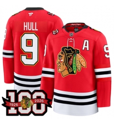Men's Chicago Blackhawks #9 Bobby Hull Red 2025 Home 100th Anniversary Stitched Hockey Jersey