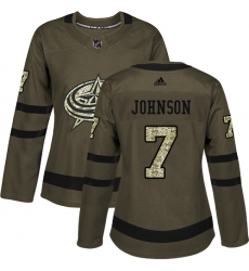Women's Adidas Columbus Blue Jackets #7 Jack Johnson Authentic Green Salute to Service NHL Jersey