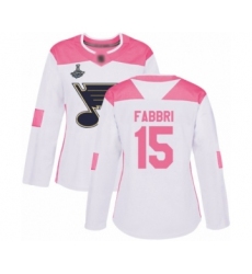 Women's St. Louis Blues #15 Robby Fabbri Authentic White Pink Fashion 2019 Stanley Cup Champions Hockey Jersey