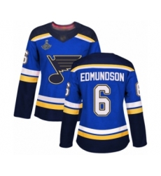 Women's St. Louis Blues #6 Joel Edmundson Authentic Royal Blue Home 2019 Stanley Cup Champions Hockey Jersey
