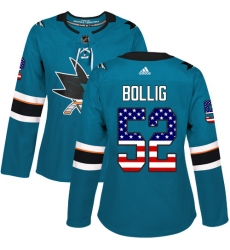 Women's Adidas San Jose Sharks #52 Brandon Bollig Authentic Teal Green USA Flag Fashion NHL Jersey