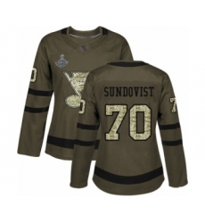 Women's St. Louis Blues #70 Oskar Sundqvist Authentic Green Salute to Service 2019 Stanley Cup Champions Hockey Jersey