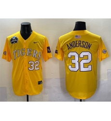Men's LSU Tigers #32 Kade Anderson Gold 2025 World Series & SEC Patch Stitched Baseball Jersey