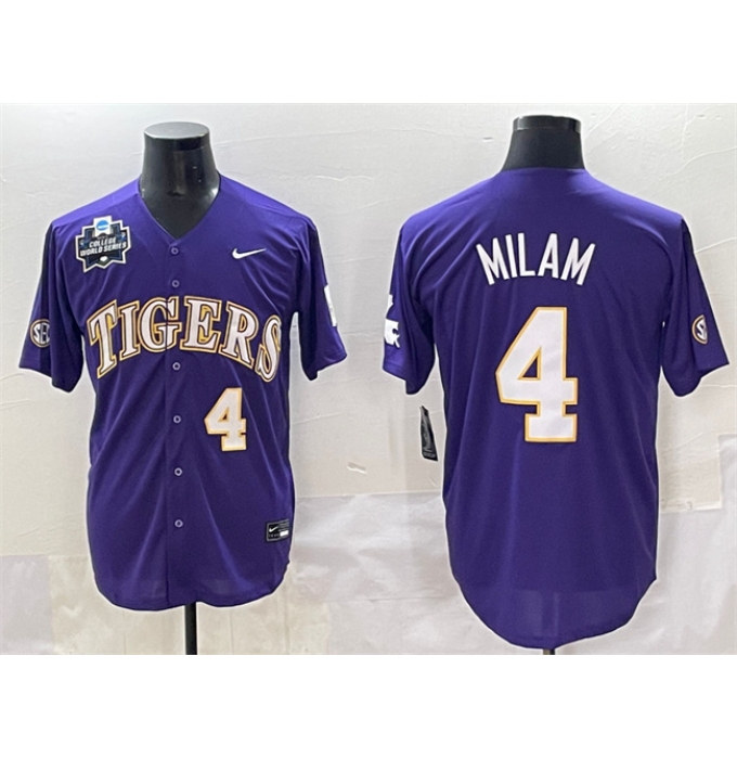 Men's LSU Tigers #4 Steven Milam Purple 2025 World Series & SEC Patch Stitched Baseball Jersey