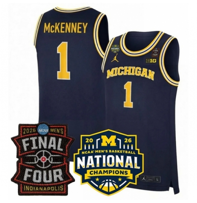Men's Michigan Wolverines #1 Trey McKenney Navy 2025 26 Final Four National Champions Patch Stitched Basketball Jersey