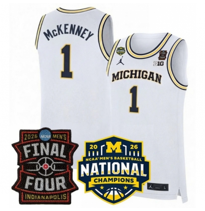 Men's Michigan Wolverines #1 Trey McKenney White 2025 26 Final Four National Champions Patch Stitched Basketball Jersey