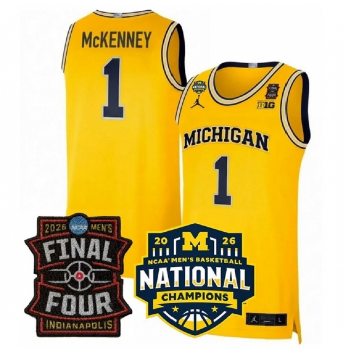 Men's Michigan Wolverines #1 Trey McKenney Yellow 2025 26 Final Four National Champions Patch Stitched Basketball Jersey