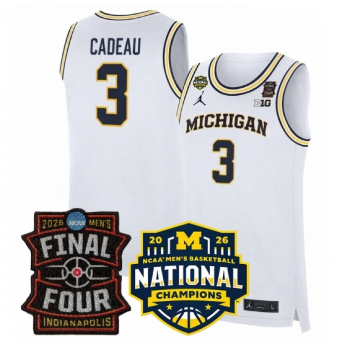 Men's Michigan Wolverines #3 Elliot Cadeau White 2025 26 Final Four National Champions Patch Stitched Basketball Jersey