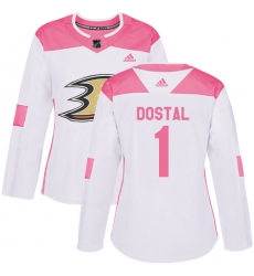 Women's Adidas Anaheim Ducks #1 Lukas Dostal Authentic White Pink Fashion NHL Jersey