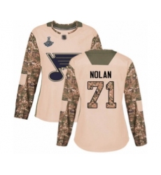 Women's St. Louis Blues #71 Jordan Nolan Authentic Camo Veterans Day Practice 2019 Stanley Cup Champions Hockey Jersey