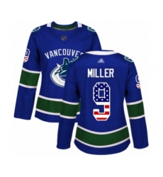 Women's Vancouver Canucks #9 J.T. Miller Authentic Blue USA Flag Fashion Hockey Jersey