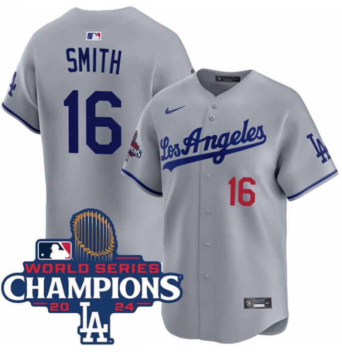 Men's Los Angeles Dodgers #16 Will Smith Gray 2024 World Series Champions Limited Stitched Baseball Jersey