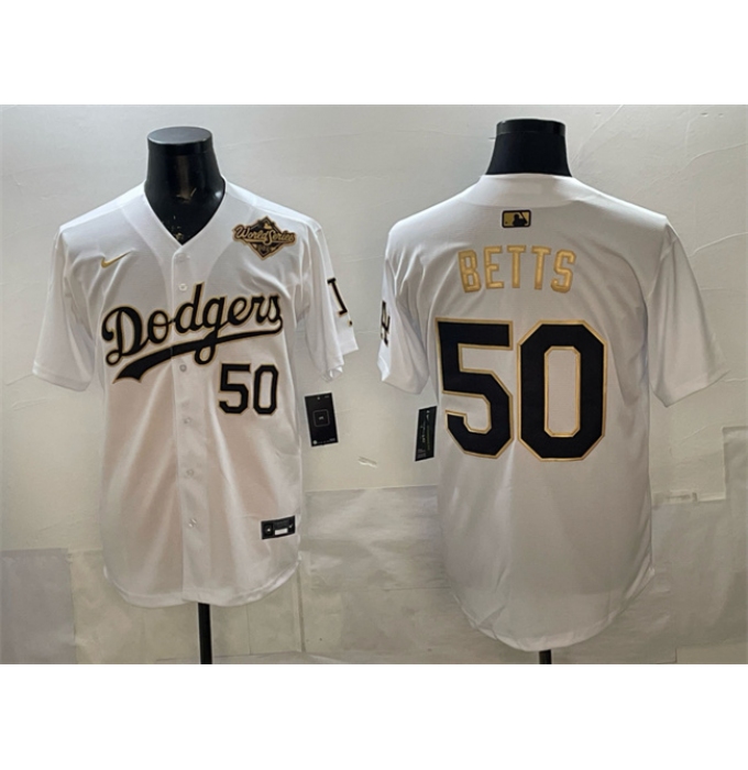 Men's Los Angeles Dodgers #50 Mookie Betts White Gold 2025 World Series Limited Stitched Baseball Jersey