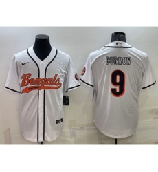 Men's Cincinnati Bengals #9 Joe Burrow White With Patch Cool Base Stitched Baseball Jersey