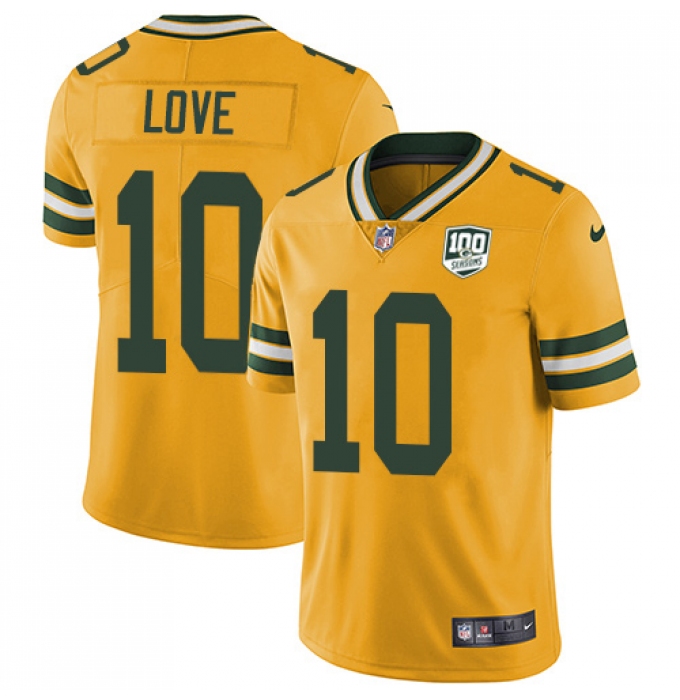 Men's Green Bay Packers #10 Jordan Love Yellow 100th Season Stitched NFL Limited Rush Jersey