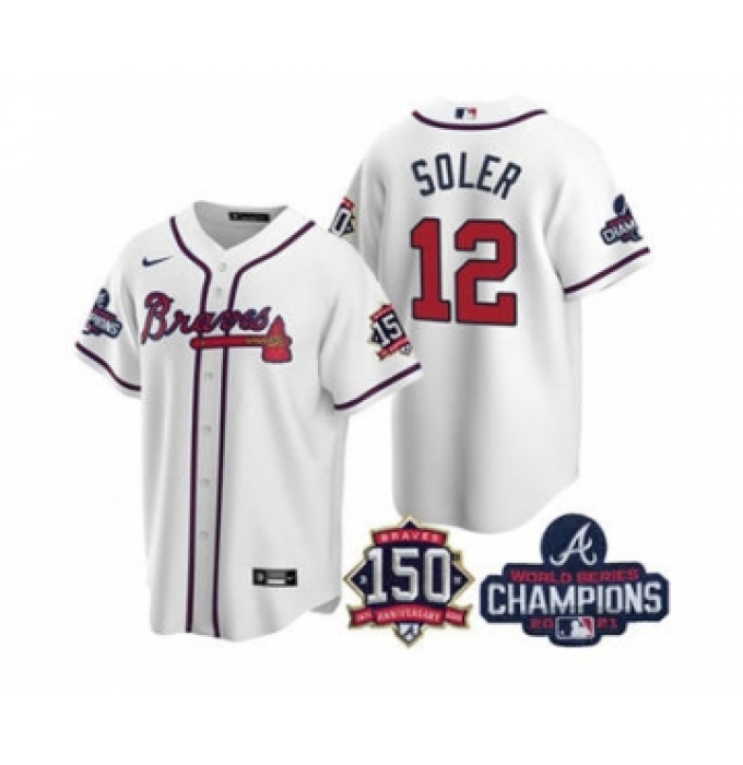 Men's Atlanta Braves #12 Jorge Soler 2021 White World Series Champions With 150th Anniversary Patch Cool Base Stitched Jersey