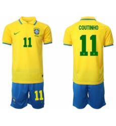 Men's Brazil #11 Coutinho Yellow Home Soccer Jersey Suit