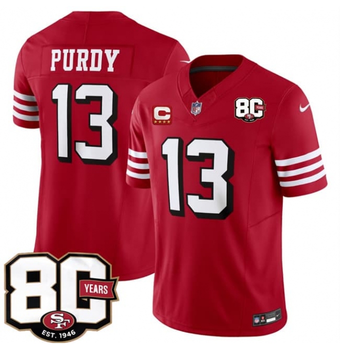 Men's San Francisco 49ers #13 Brock Purdy New Red 2026 F.U.S.E. With 80th Anniversary & 4-Star C Vapor Untouchable Limited Football Stitched Jersey