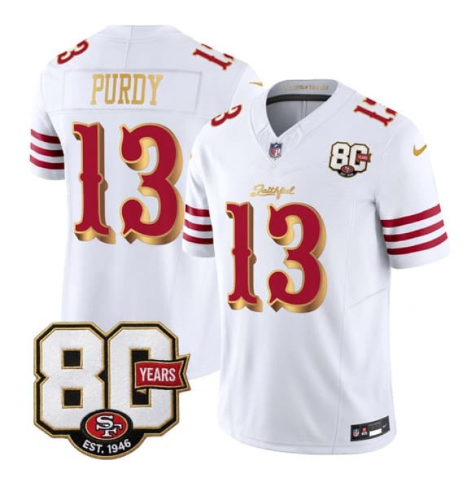 Men's San Francisco 49ers #13 Brock Purdy White Gold 80th Anniversary “Rivalries” 2026 F.U.S.E. Vapor Untouchable Limited Football Stitched Jersey