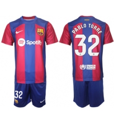 Men's Barcelona #32 Pablo Torre Blue Red 2023-24 Home Soccer Jersey