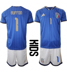 Youth Italy #1 BUFFON National Team FIFA x World Cup 2026 Home Blue On Field Kids Jerseys