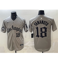 Men's Los Angeles Dodgers #18 Yoshinobu Yamamoto Grey LA Gothic Style With 2025 World Series Champions Limited Stitched Baseball Jersey