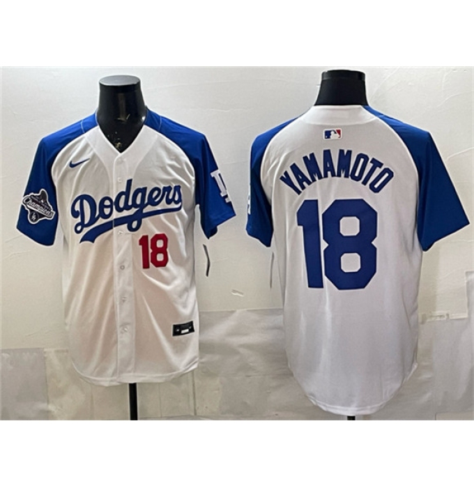 Men's Los Angeles Dodgers #18 Yoshinobu Yamamoto White Royal 2025 World Series Limited Stitched Baseball Jersey