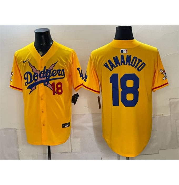 Men's Los Angeles Dodgers x One Piece #18 Yoshinobu Yamamoto Yellow Vapor Premier Limited Stitched Baseball Jersey