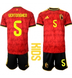 Youth Belgium #5 UEATONGHEN National Team FIFA x World Cup 2026 Home Red On Field Kids Jersey