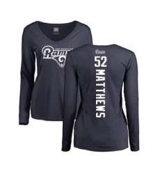 Football Women's Los Angeles Rams #52 Clay Matthews Navy Blue Backer Slim Fit Long Sleeve T-Shirt