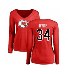 Football Women's Kansas City Chiefs #34 Carlos Hyde Red Name & Number Logo Slim Fit Long Sleeve T-Shirt