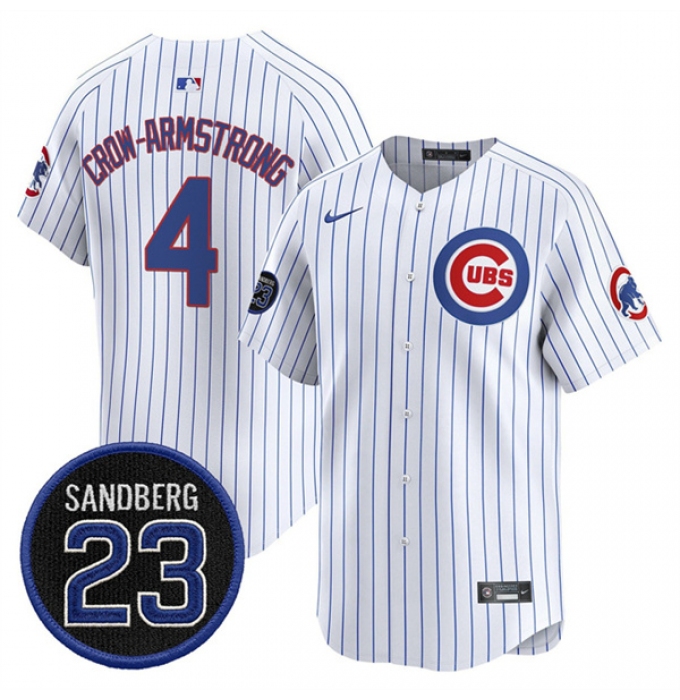 Men's Chicago Cubs #4 Pete Crow-Armstrong White Pinstripe 'Ryne Sandberg Tribute' Vapor Limited V2 Stitched Baseball Jersey
