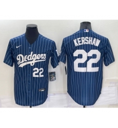 Men's Los Angeles Dodgers #22 Clayton Kershaw Number Navy Blue Pinstripe Stitched MLB Cool Base Nike Jersey