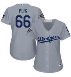 Women's Majestic Los Angeles Dodgers #66 Yasiel Puig Authentic Grey Road Cool Base 2018 World Series MLB Jerseyy