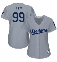 Women's Majestic Los Angeles Dodgers #99 Hyun-Jin Ryu Authentic Grey Road Cool Base MLB Jersey