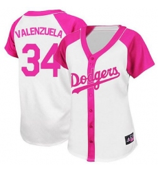 Women's Majestic Los Angeles Dodgers #34 Fernando Valenzuela Replica White/Pink Splash Fashion MLB Jersey