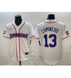 Men's Dominican Republic Baseball #13 Junior Caminero White 2026 World Baseball Classic Home Stadium Stitched Jersey