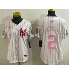 Women's New York Yankees #2 Derek Jeter White Pink Pinstripe Fashion Cool Base Jersey