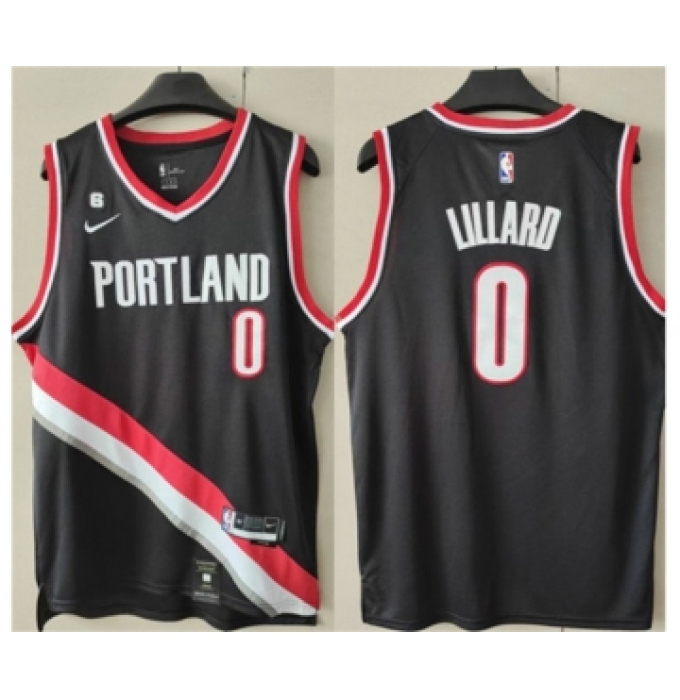 Men's Portland Trail Blazers #0 Damian Lillard Black With No.6 Patch Stitched Basketball Jersey