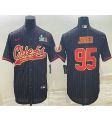 Men's Kansas City Chiefs #95 Chris Jones Black Pinstripe With Super Bowl LVII Patch Cool Base Stitched Baseball Jersey