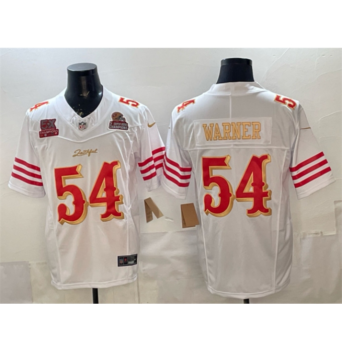 Men's San Francisco 49ers #54 Fred Warner White Gold 2025 F.U.S.E. “Rivalries” 5x Super Bowl Champions Vapor Limited Stitched Football Jersey