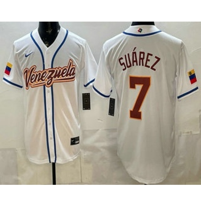 Men's Venezuela #7 Eugenio Suarez White 2026 World Baseball Classic Cool Base Jersey